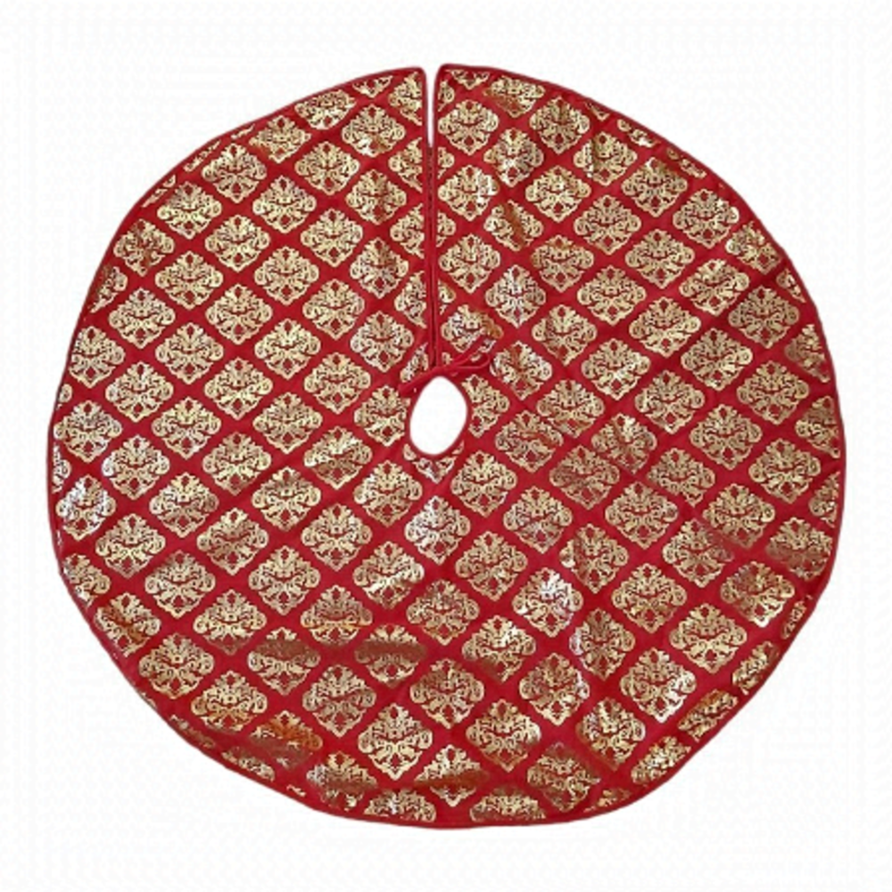 NWOT Large 45 Inch Red/Gold Gilded Christmas Tree Skirt With Tie Closure